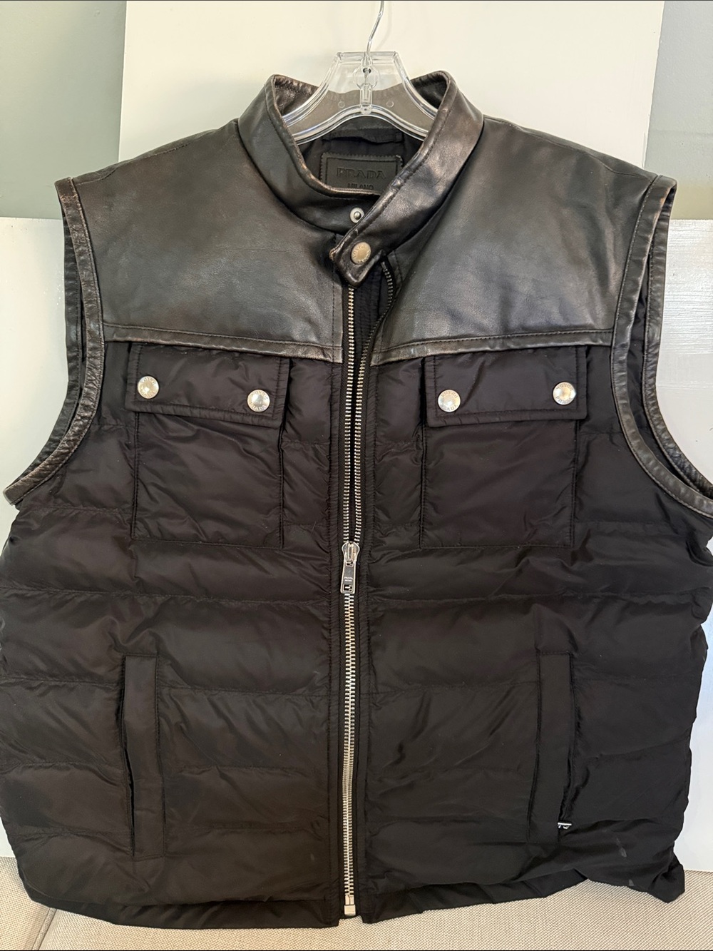 Prada Milano Black Quilted Puffer Vest with Leather Yoke zippered size 54